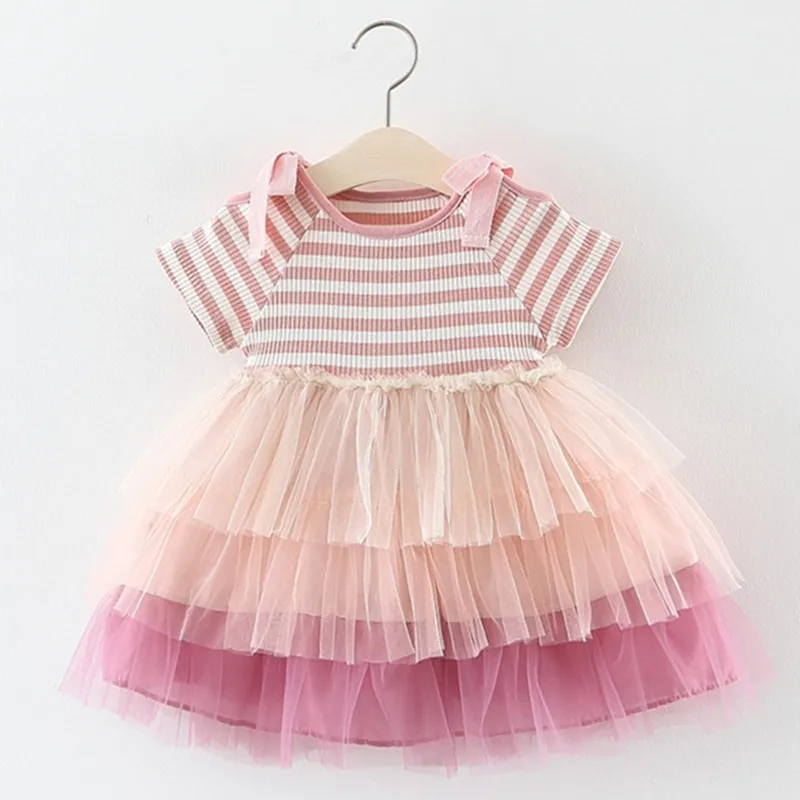 Koreansk stil toddler prinsessa barn baby flicka sommar klänning solid färg randig sömnad bomull fest casual kläder 210508