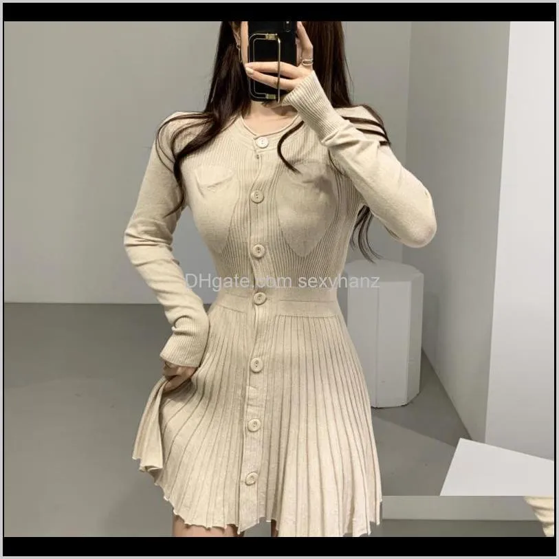 korean casual single breasted knitting mini dress women autumn winter buttons knitted sweater dress pleated robe femme vestidos