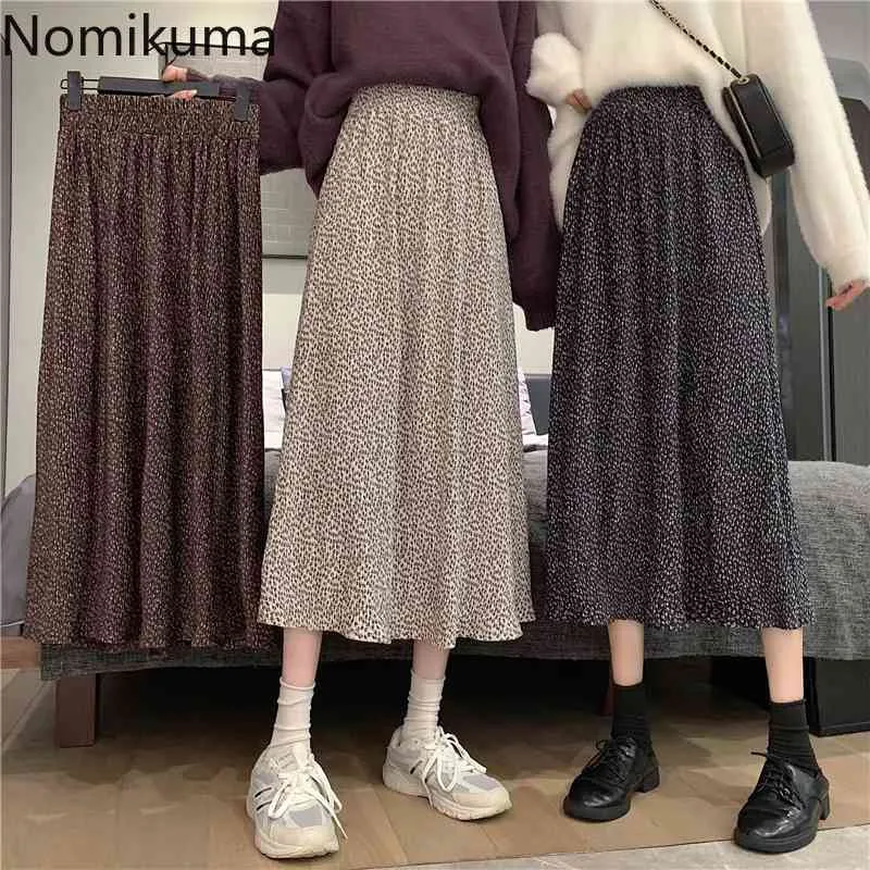 Nomikuma Autumn Winter Velour Floral Skirts Korean Causal Stretch High Waist A-line Skirt New Faldas Mujer Moda 6D317 210427