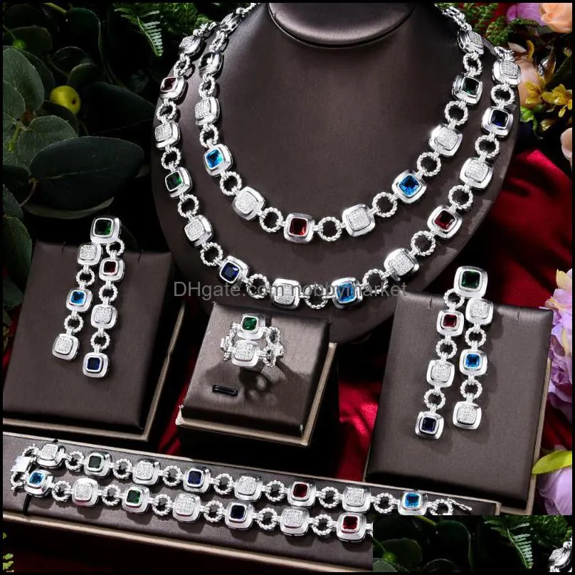 Earrings & Necklace GODKI HIPHOP PUNK 4PCS ICED OUT  Link Chain Jewelry Set For Women Wedding Party Cubic Zircon Dubai Bridal