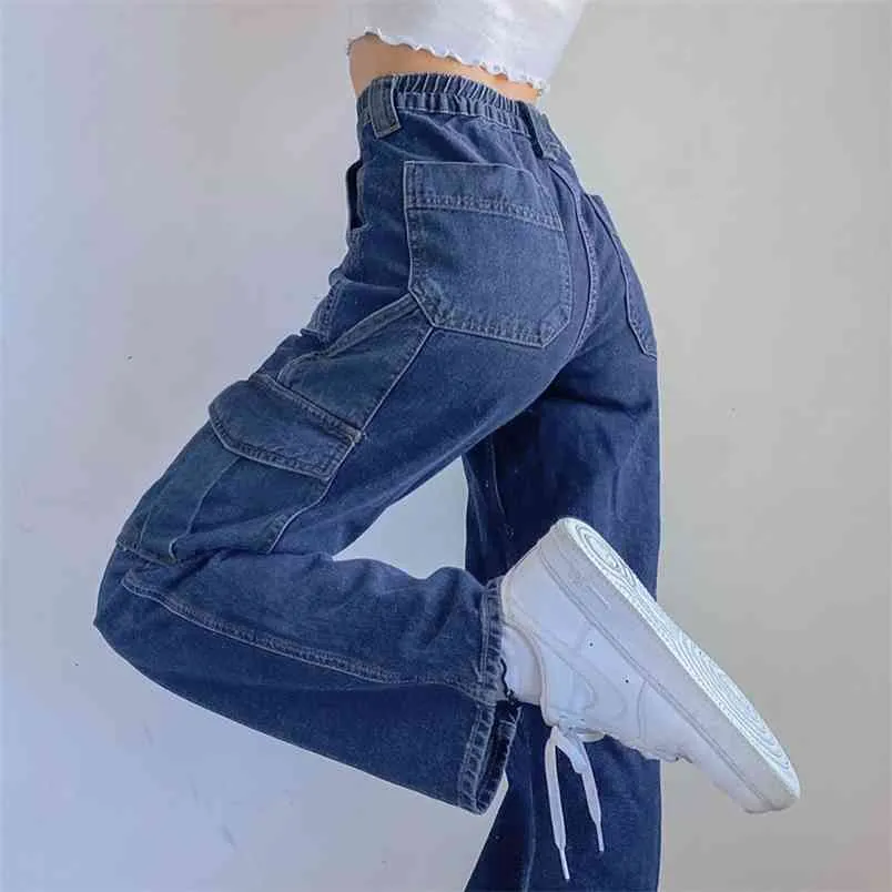 Streetwear Patchwork Blå Kvinna Jeans Höst Hög Midja Lång Straight Cargo Byxor Denim Y2K Byxor Kvinnor Harajuku Capris 210510