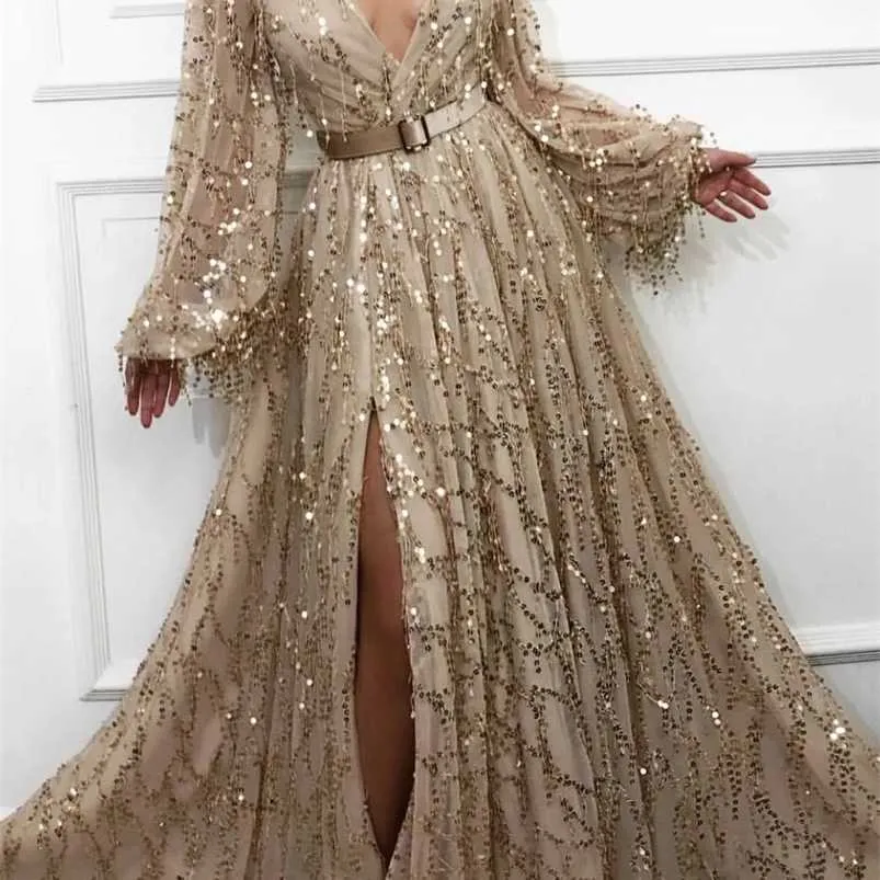 Seksi Yarık Altın Abiye Son Moda Sequins Dantel Dubai Suudi Arapça Balo Abiye Uzun Kollu Örgün Parti Elbise 211101