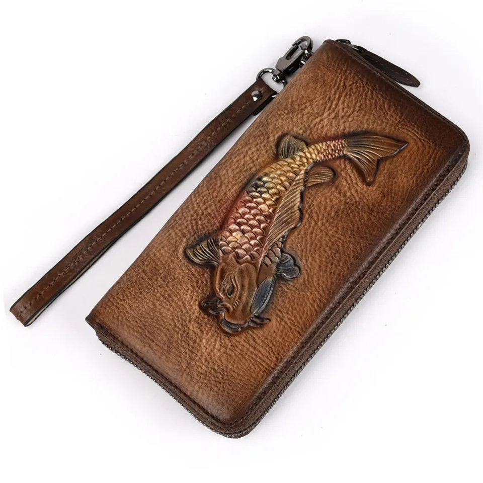 Vintage Men Genuine Leather Soft Cowhide Leather Clutch Purses Zipper Fish Printing Coin Wallets