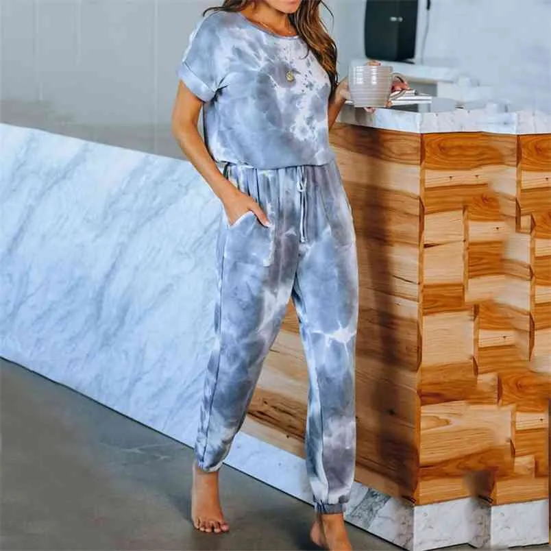 Women Pajamas Set Tie Dye 's Lounge Wear Homewear Suit Loungewear Sleep Sleepwear For 210830