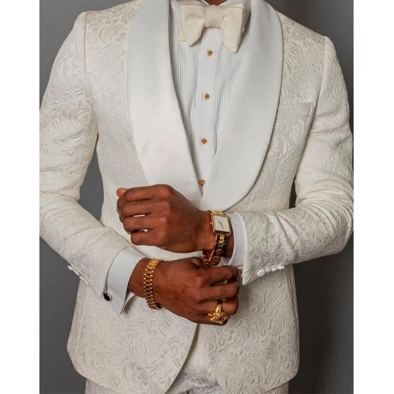 Ivoire Floral Jacquard Mariage Tuxedo Pour Garçons D'honneur 2 Pièce Slim Fit Hommes Costumes Avec Châle Revers Africain Mâle Mode Costume 2021 Hommes Bla