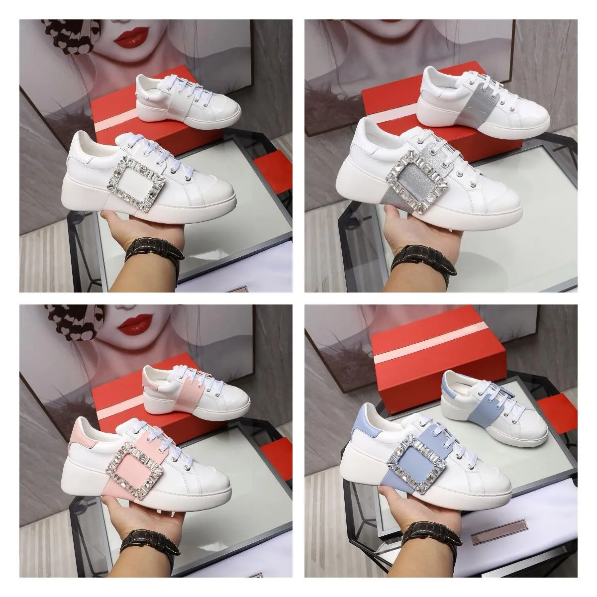 2021 Designer Luxury Women Casual Shoes Low-top Leather Sneaker Lady Calfskin Crystal Lace-up White Shoe Street Style Fashion Comfort Top Quality With Box Size 35-40