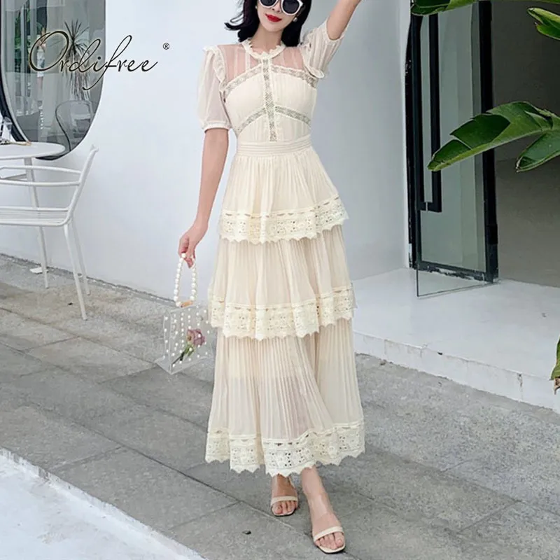 Summer Elegant Women Long Party White Lace Crochet Sexy Maxi Cake Dress 210415