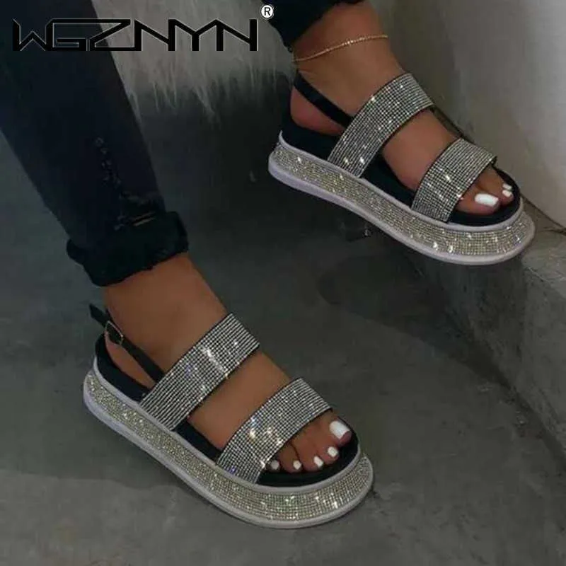NEW Summer Beach Bling Crystal Rome Ladies Sandals Rhinestone Platform Cutouts Wedges Women Outdoor Sandals Shoes Woman Y0721
