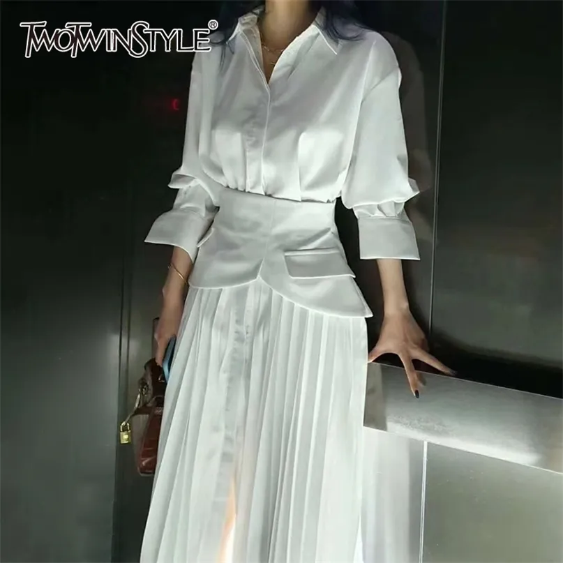 Robe plissée élégante pour femmes revers manches longues taille haute taille maxi robes femme mode vêtements printemps 210520