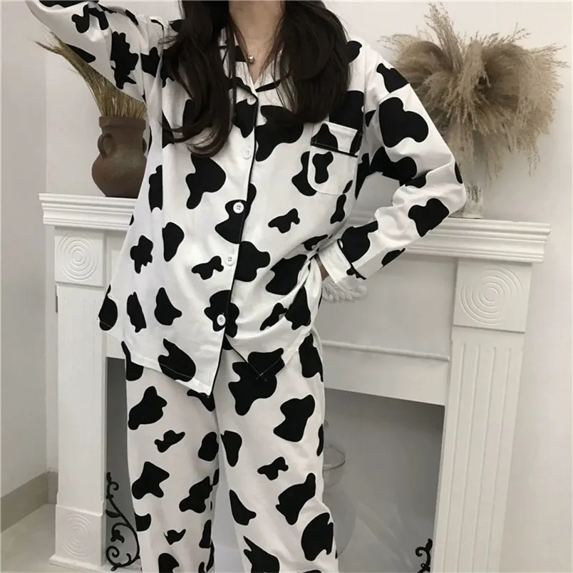 Cow print pyjamas för kvinnor söt nattkläder sömnkläder uppsättning höst vinter pyjamas tjejer homewear pijama mujer hem kläder damer 220309