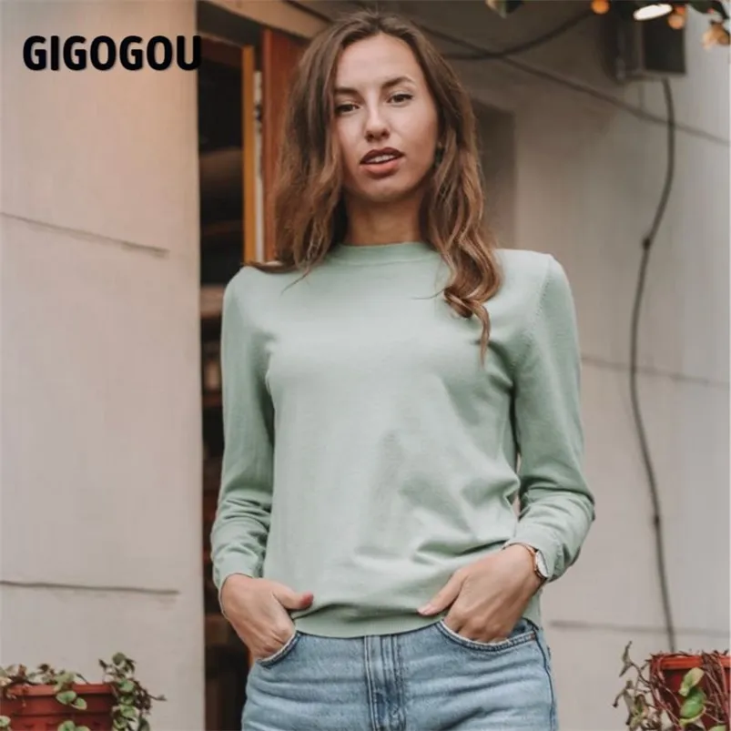 GIGOGOU Bonbons Couleur Femmes Pull De Base O Cou Solide Pull Top Doux Confortable Tricoté Pulls Pull Haut Bas Ourlet swetry damskie 210805