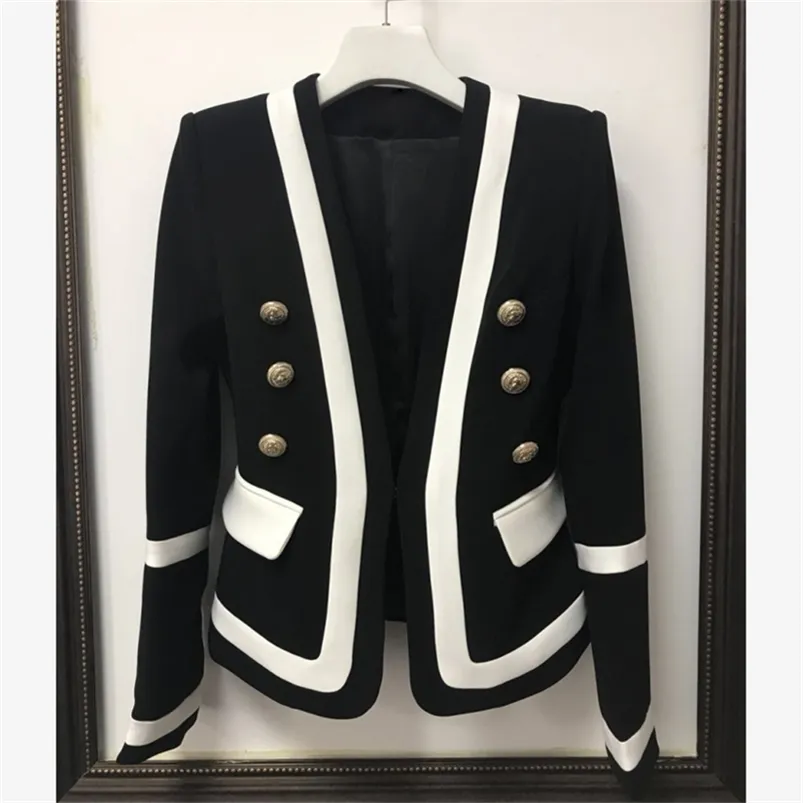 High Street Fashion Designer Blazer Femme Classique Noir Blanc Couleur Bloc Boutons en métal Blazer Veste Vêtements extérieurs 211120