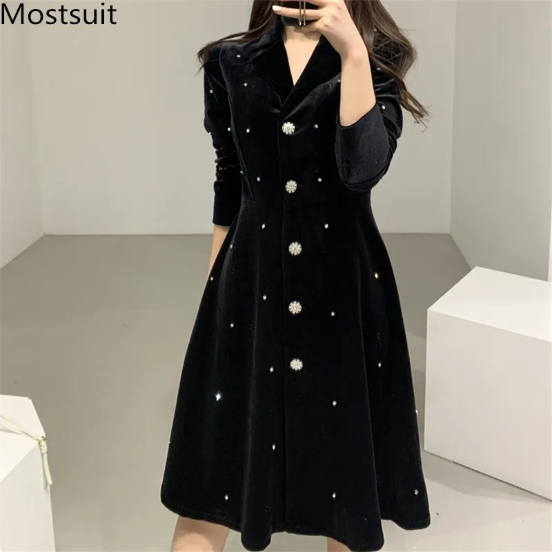 Korean Vintage Velvet Beading Notched Collar Dress Women Full Sleeve A-line Dresses Elegant Office Female Vestidos Femme 210518