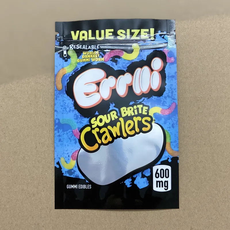 wholesale Mylar packing Bag resealable packaging bags 600mg errlli sour brite crawlers gummies gummi edibles edible Zip Lock Gummy for Dry Herb Flower