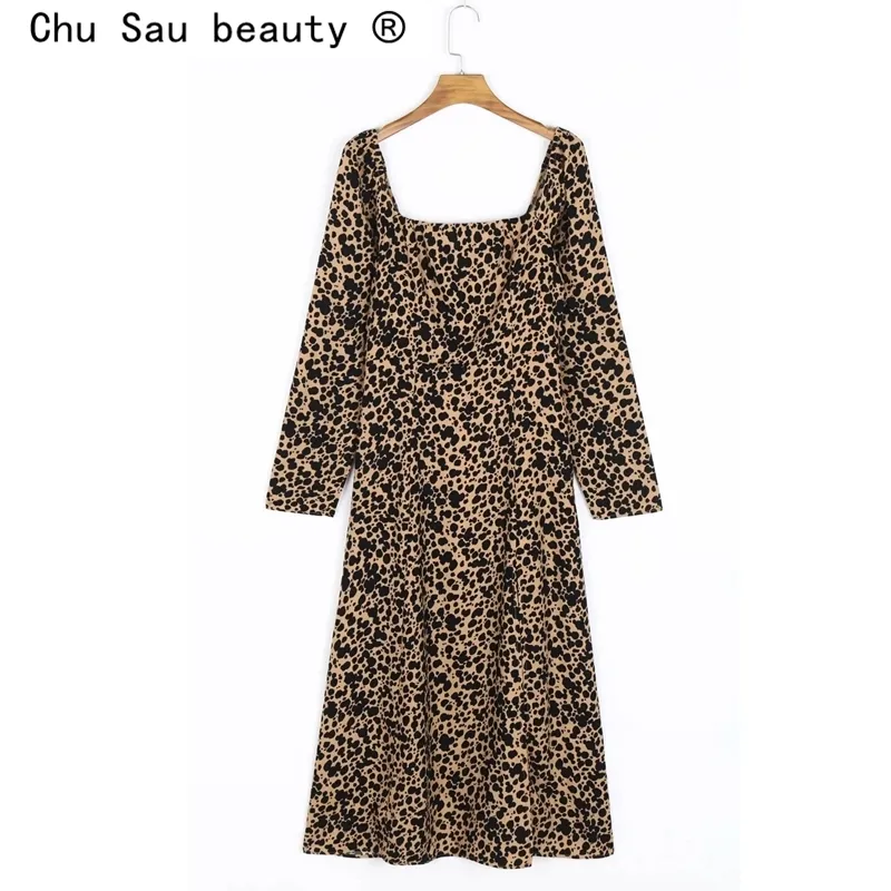 Mode Girl's Summer Slim Vintage Square Collar Side Spleet Leopard Print Vakantie Midi Jurk voor Vrouw 210508