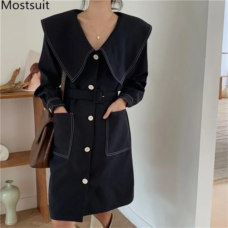 Sailor Collar Single-breasted Korean Women Dress Autumn Long Sleeve Pockets Belted Dresses Elegant Vintage Ladies Vestidos 210513