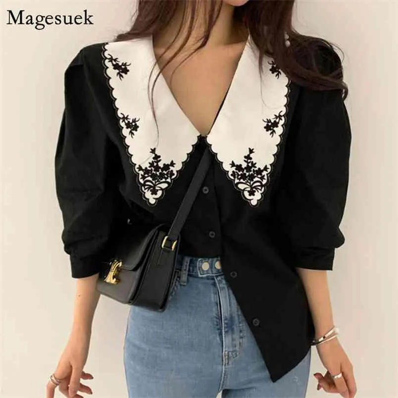 Vintage Short Sleeve Women Blouse Lantern T Shirts Loose Tops Broderi Chic s Blusar Blusas de Mujer 10271 210512