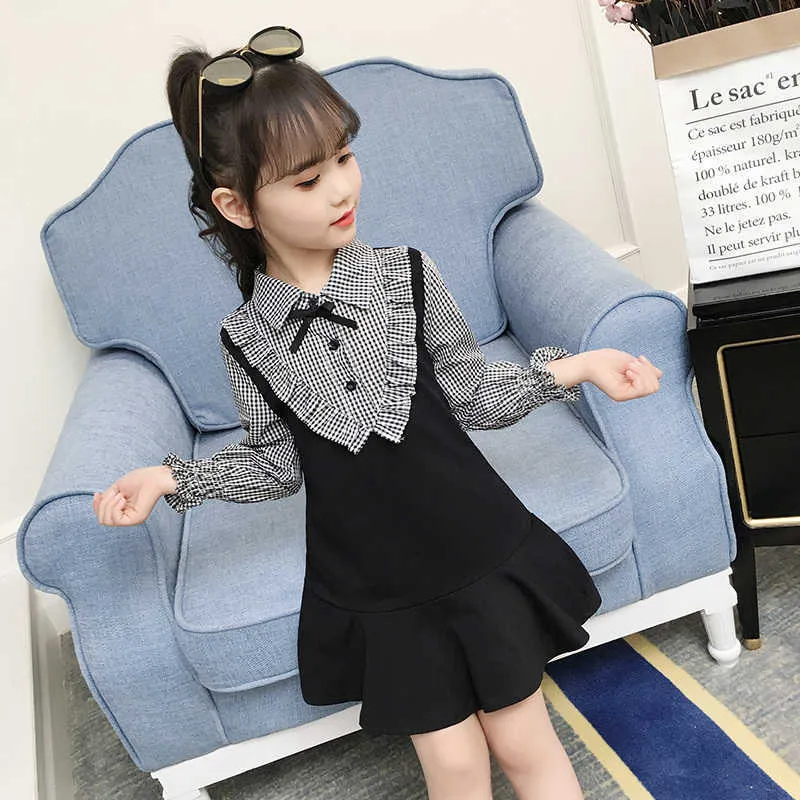 Vintage Patchwork Dress For Girl Spring Children Cloth Bowknot Neck Kids School Dresses Girl Princess Dress 4 7 9 11 12 14 Years Q0716