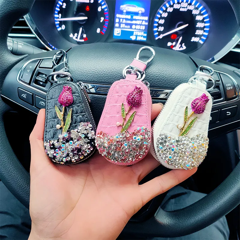 1 Pcs Flower Car Holder Storage Case Crystal Diamond Keychains Cover Remote Key Bag for BMW Lada Interior Accessories
