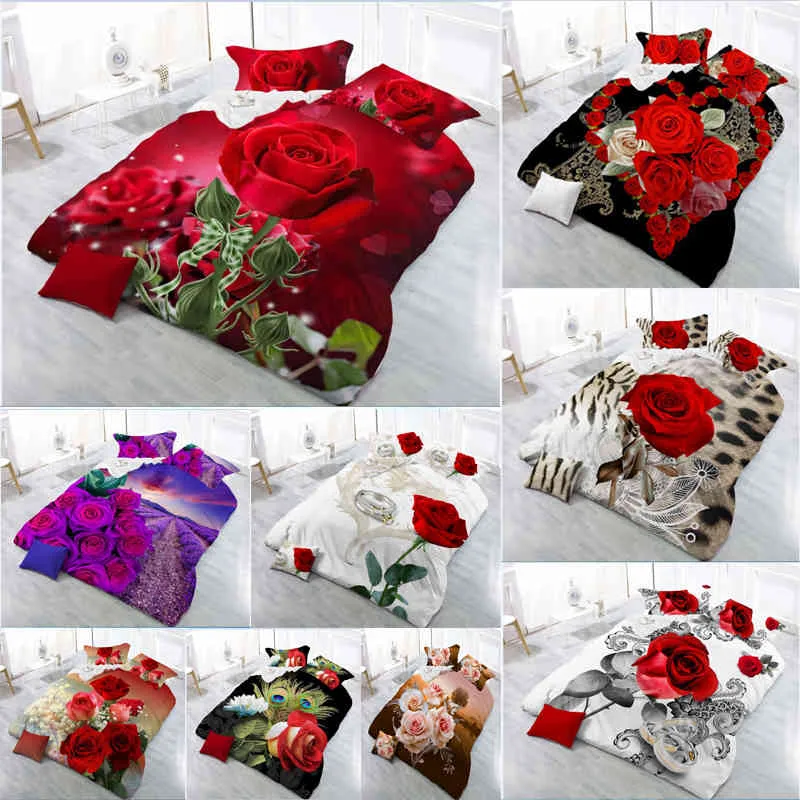 3D Rose Rouge Literie Ensemble Fleur De Lin Double Drap De Lit Roi Couette Housse De Couette Draps Taie D'oreiller 4pcs / set Home Textile Beauté 201102