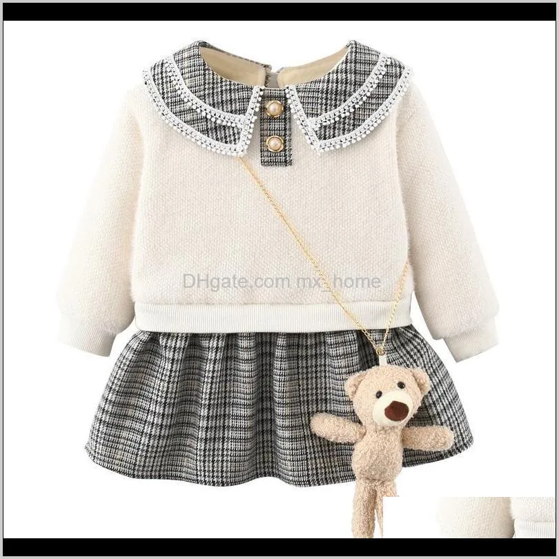 new children`s dress classic fashion college style sticker stitching sweater dress plus velvet warm design luxury two-piece 