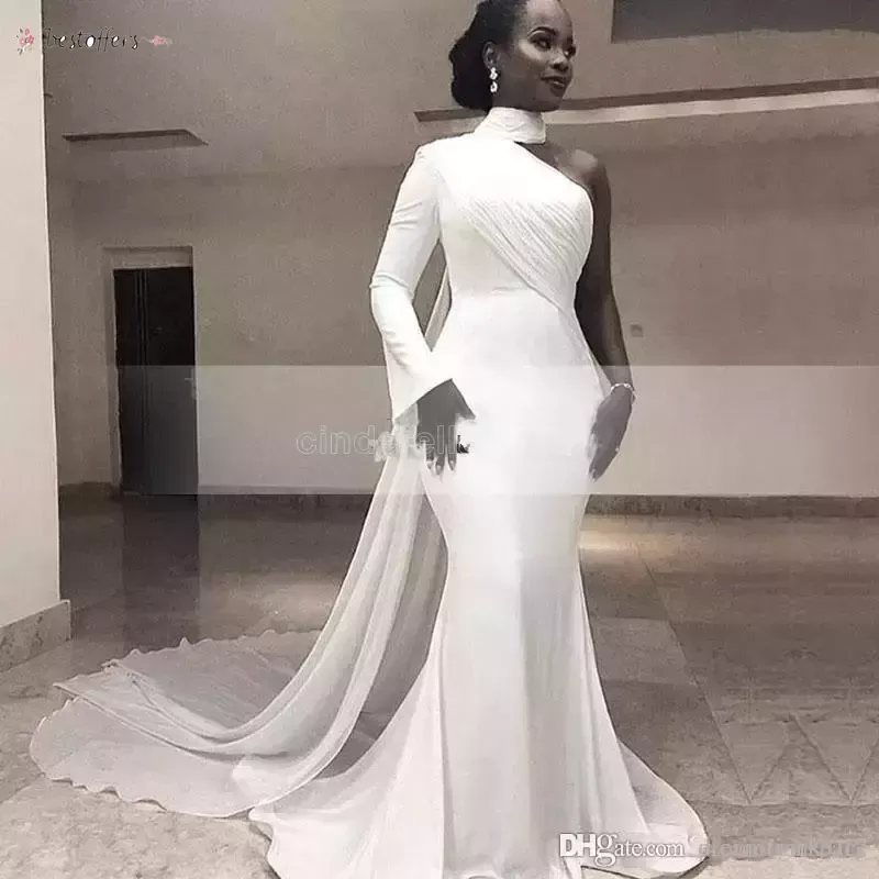 2022 Africano White High Neck Satin Sereia Vestidos de Noite Um ombro Ruched Sweep Train Formal Party Tapete Vermelho BC10899