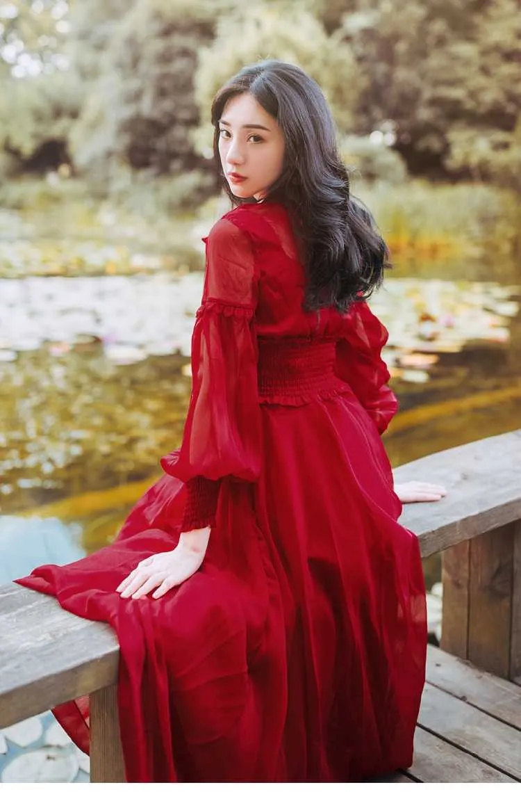 YOSIMI Vintage Maxi Dress Red Chiffon, Cdc Stands For Neck YOSIMI Vintage Maxi Dress Red Chiffon, Cdc Stands For Neck