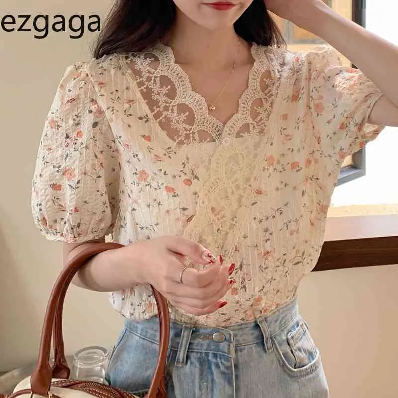 Ezgaga criss-cross-cross laço retalhos floral blusa mulheres verão novo v-pescoço coreano moda sopro manga solta senhora camisas 210430