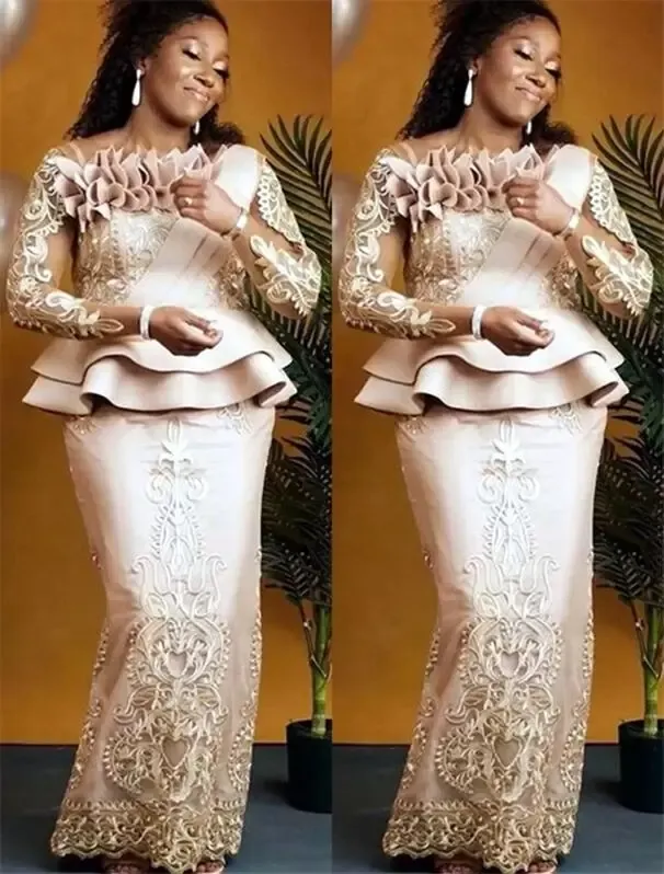 Abiti da ballo a sirena stile arabo Aso Ebi Maniche lunghe in raso rosa Applicazioni in pizzo Plus Size Abiti da sera formali Ocn Robe De Soiree