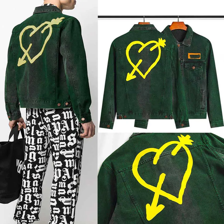 2021 Lover Palms Heart Piercing Arrow Denims Jackor Män och Kvinnor Palm Jacka PA Green Print Denim Tracksuit Angels Coats Washed Greens