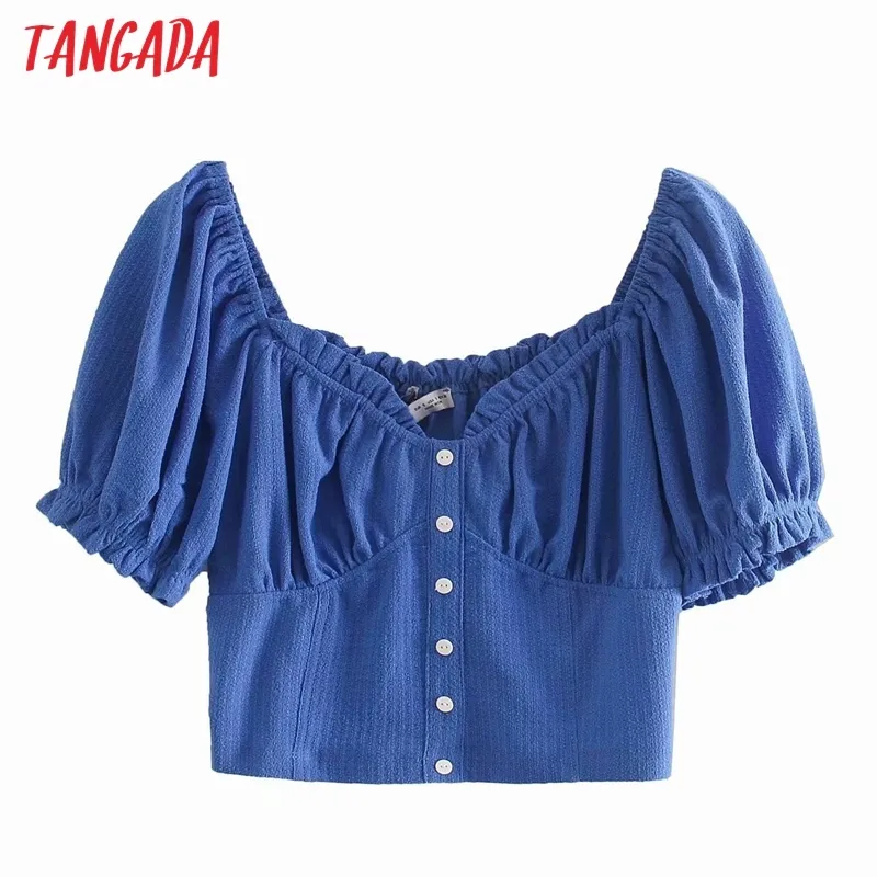 Women Retro Blue Crop Short Sleeve Summer Chic Female Sexy Slim Shirt Tops 6P16 210416