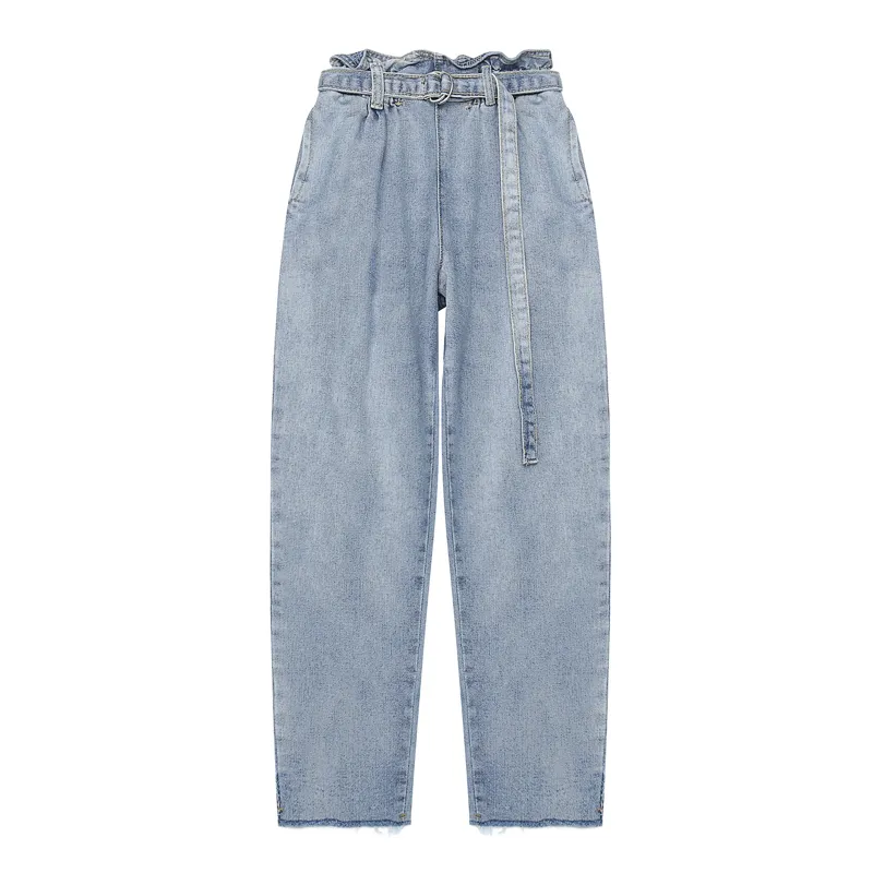 Kvinnor Blå Drawstring Ruffles Solid Jeans Pocket Empire Casual Straight Ankel Längd Byxor P0017 210514