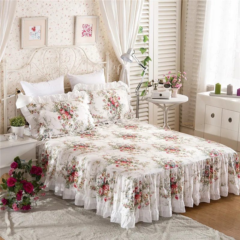 Top Floral Printed Ruffle Bed Skirt Bedspread Mattress Cover 100% Satin Cotton Bedcover Sheet Princess Bedding Home Textile Bedclothes: 1 Bedskirt and 2 Pillowcases