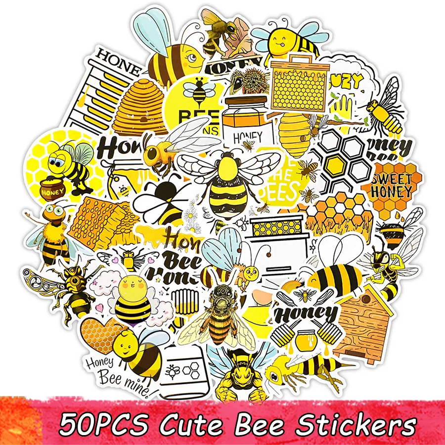 50 pçs adesivos fofos de abelha brinquedos para presente de crianças desenhos animados mel inseto animal adesivos para fazer você mesmo laptop telefone geladeira chaleira bicicleta decalque do carro