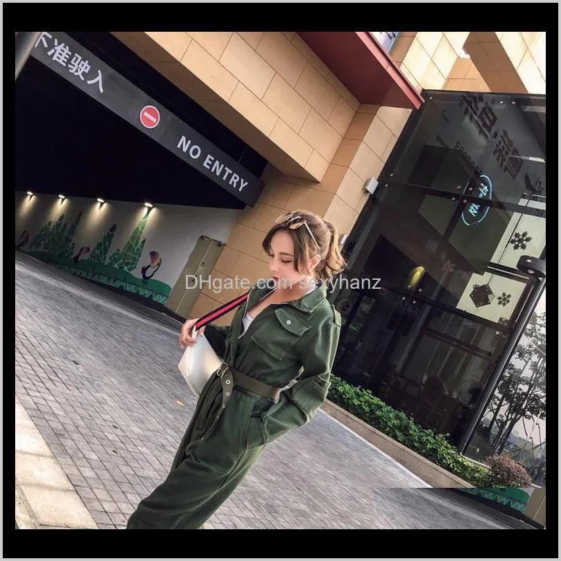 women vintage workwear slim jeans jumpsuit high waist street wear belt romper army green denim overalls cwork suit a9209