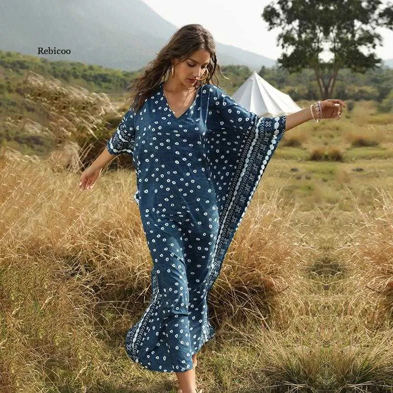 Women Batwing Sleeve Loose Long Robe DrBohemian Boho Print Long Maxi Dresses Summer Beach SundrMuslin Wear X0621