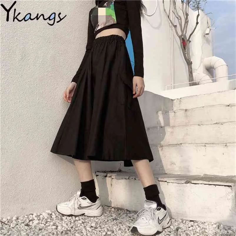 Big Pocket Hoge Taille Midi Cargo Rok Harajuku Streetwear Koreaans Zwart Wit Rokken Dames Punk Casual Losse Gotische Hip Hop Saia 210421