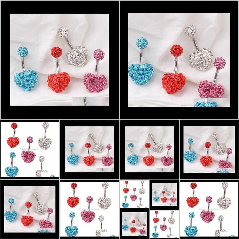 316 stainless steel navel ring belly dance body jewelry piercing crystal double peach heart navel & bell button rings