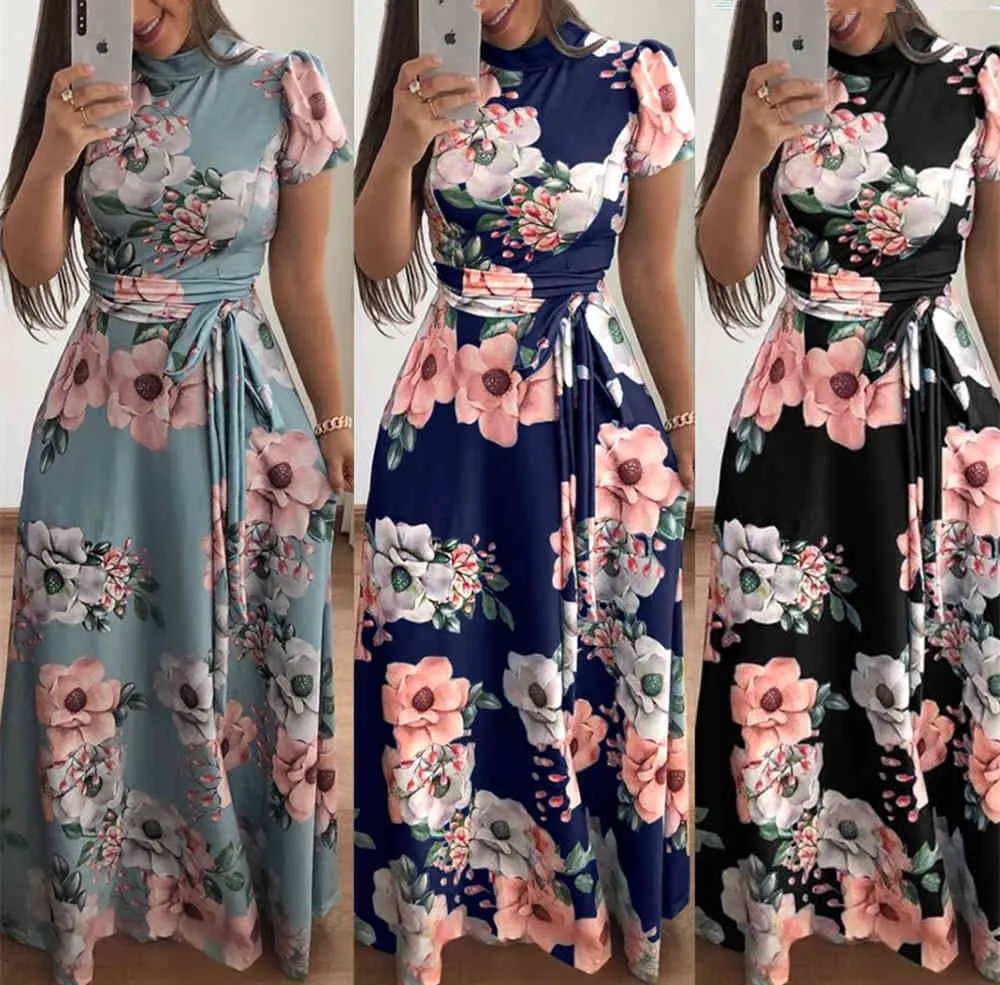 Women Summer Maxi Dress Casual O Neck Short/Long Sleeve Lace Up Party Dress Plus Size 5XL Summer Floral Print Tunic Boho Dresses 210507