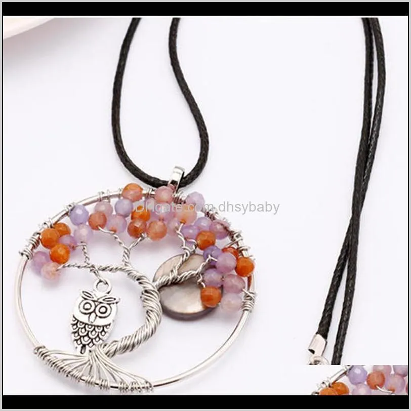 owl charms pendant necklace beads gemstones chakra natural stone tree of life fashion crystal jewelry gift with rope chain for women