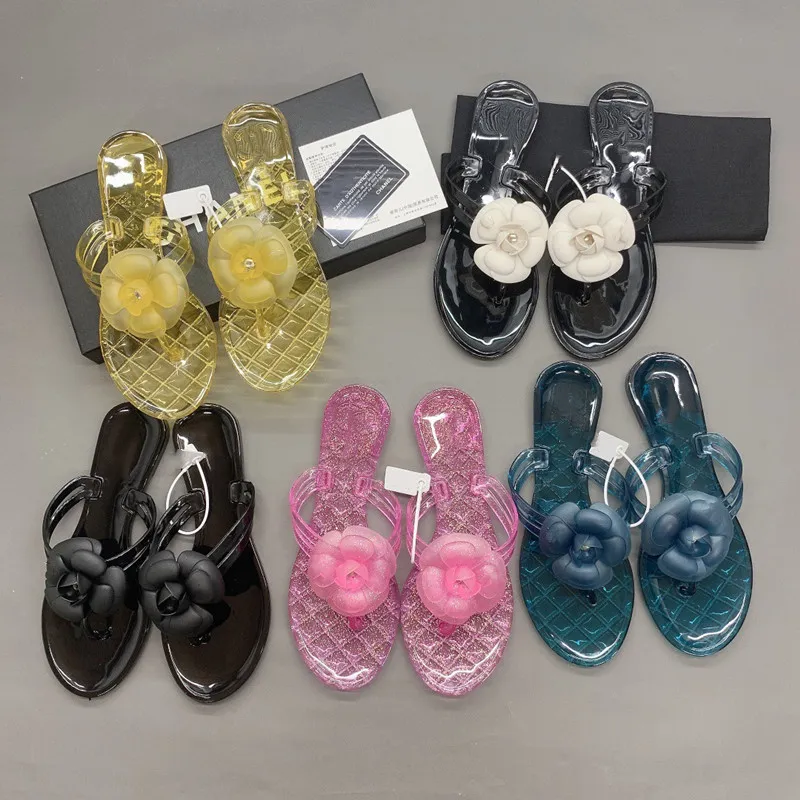 Ladies Summer Camellia Jelly Slippers Flat Sandals PVC Non-slip Slippers Fashion Transparent Shoes Factory Produce Price Discount Size 36-41