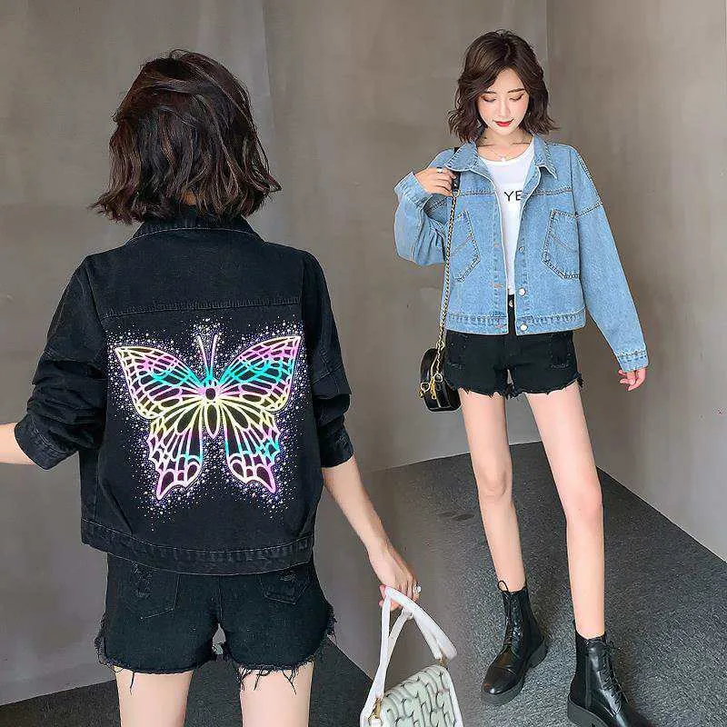 Reflektierende Schmetterlings-Jeansjacke weibliche koreanische Version lose kurze BF-Wind-All-Match-Langarmjacke Herbst neuer Trend 210412
