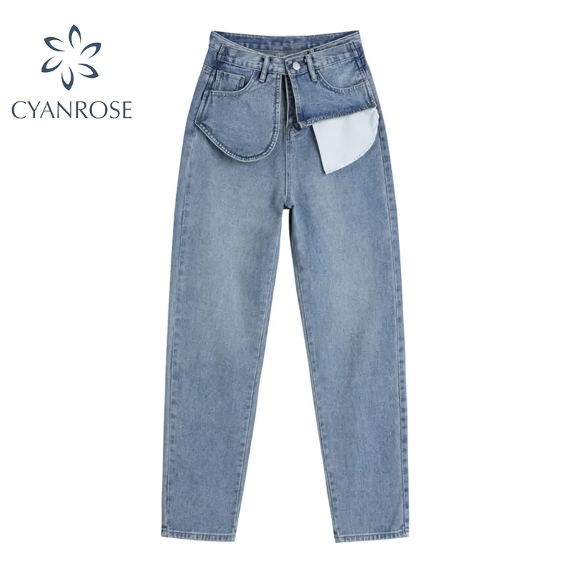 Jeans vintage a vita alta dritti donna stile coreano autunno casual blu lavato streetwear pantaloni denim boyfriend pantaloni 210417