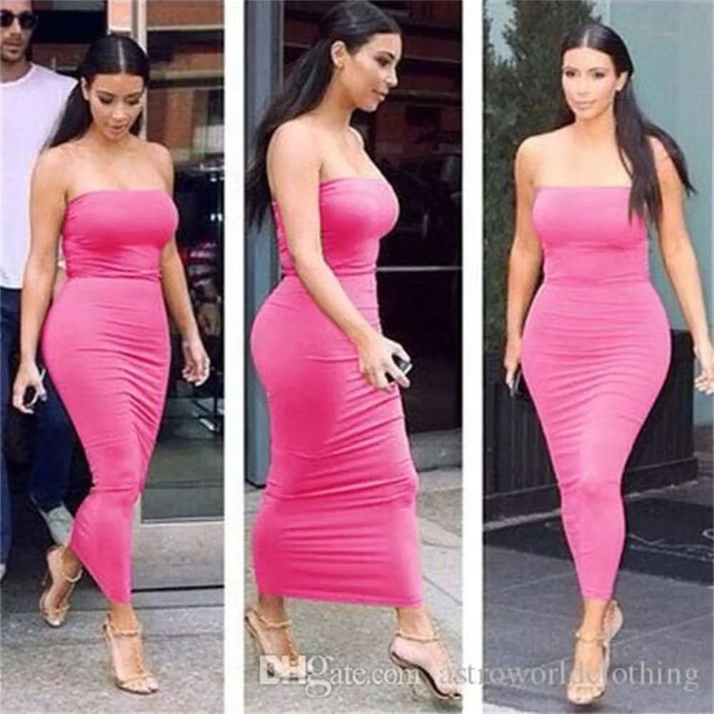 Long DRESS kim kardashian dresses Women Sheath Strapless Bodycon Dress Summer Candy Color Sexy