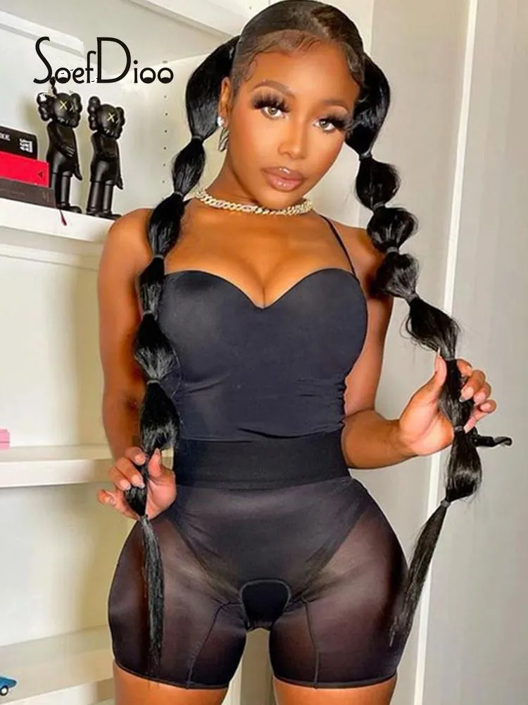 Women's Tracksuits Soefdioo Black Suspenders Ärmlös Bodysuits och Mesh Genome Shorts 2 Piece Set Women Spring 2022 Sexig Night Club