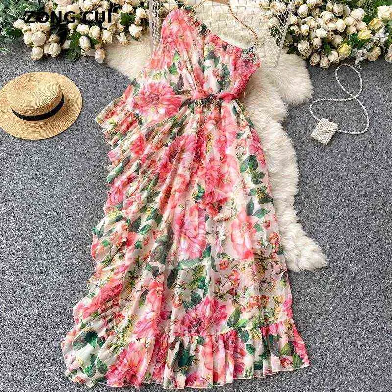 Neploe Summer Holiday Bohemian Print Long Dress Women High Waist Hip A Line Vestidos Slash Neck Axel Stropless Robe Slim Y1212