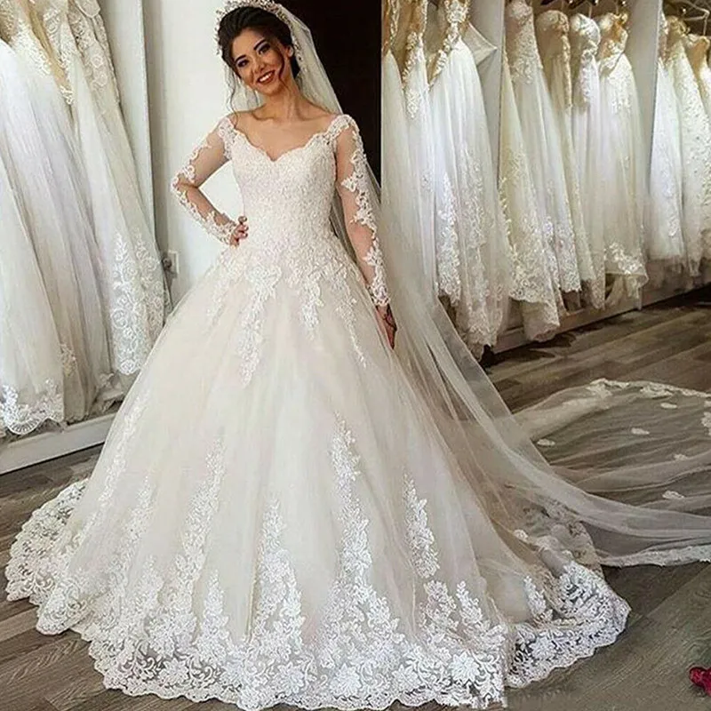 Vestidos de novia de encaje de manga larga vintage Apliques de tul Una línea con cordones Tallas grandes 328 328