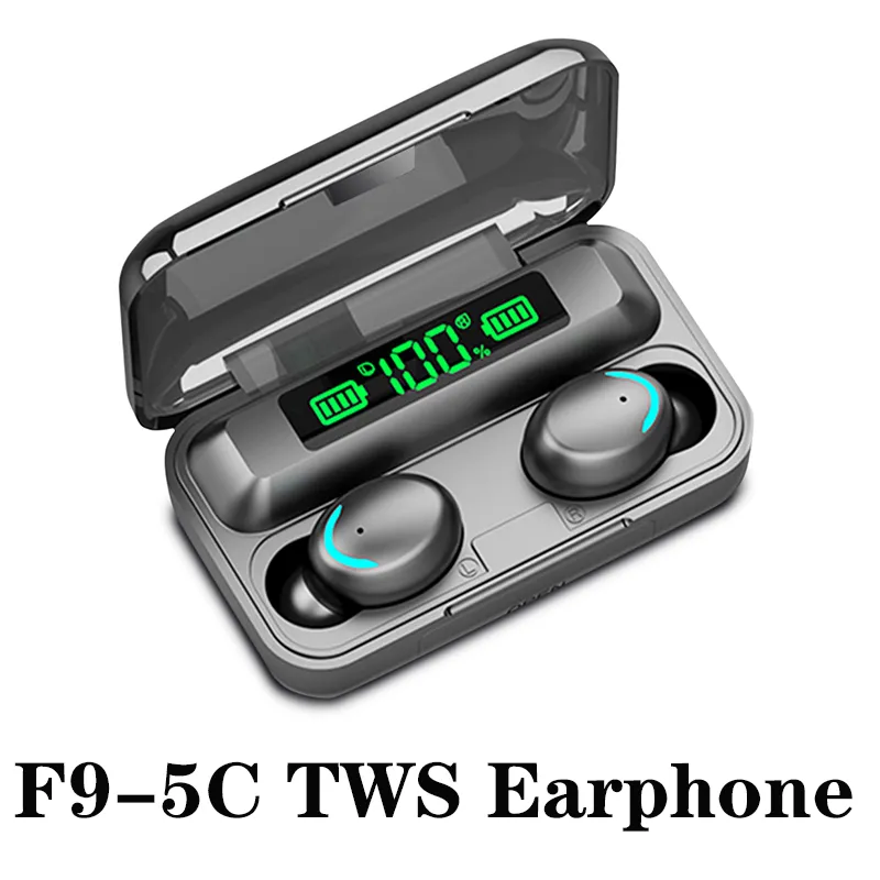 F9-5C TWS trådlös Bluetooth hörlurar 5.0 Touch Headphones Earputs Stereo Sport Musik Vattentät LED-skärm Örsel med MIC Retail Box