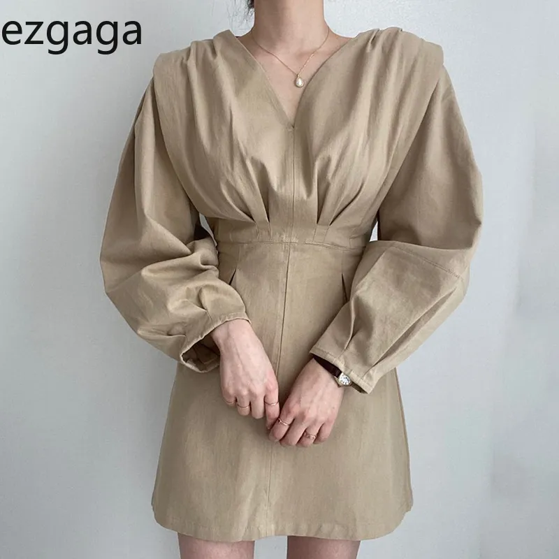 Ezgaga coréen Chic Vintage robe de soirée femmes col en V froncé taille mince longue lanterne manches solide robe élégante robes Feminino 210430