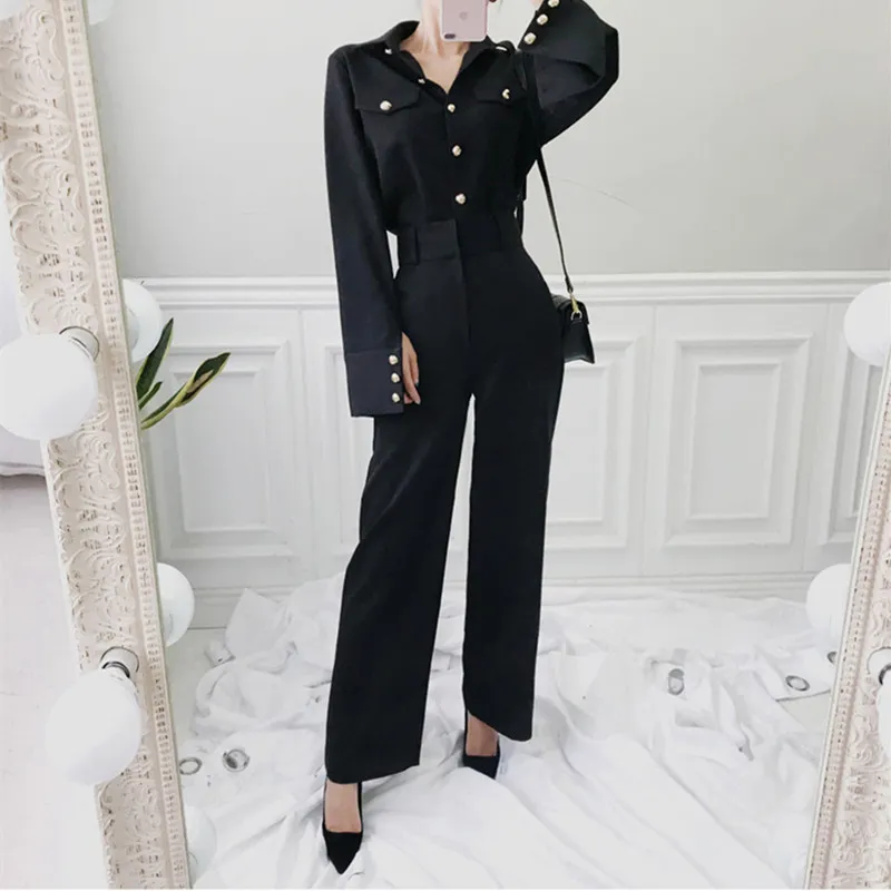 İlkbahar Yaz Kore Siyah Suit İki Setleri Altın Düğme Gömlek Bluz + Geniş Bacak Pantolon Pantolon Kadın 2 Parça Set 210416
